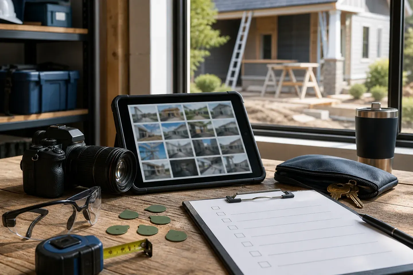 Home-service owner auditing a jobsite photo for customer, location, worker, claim, and security details