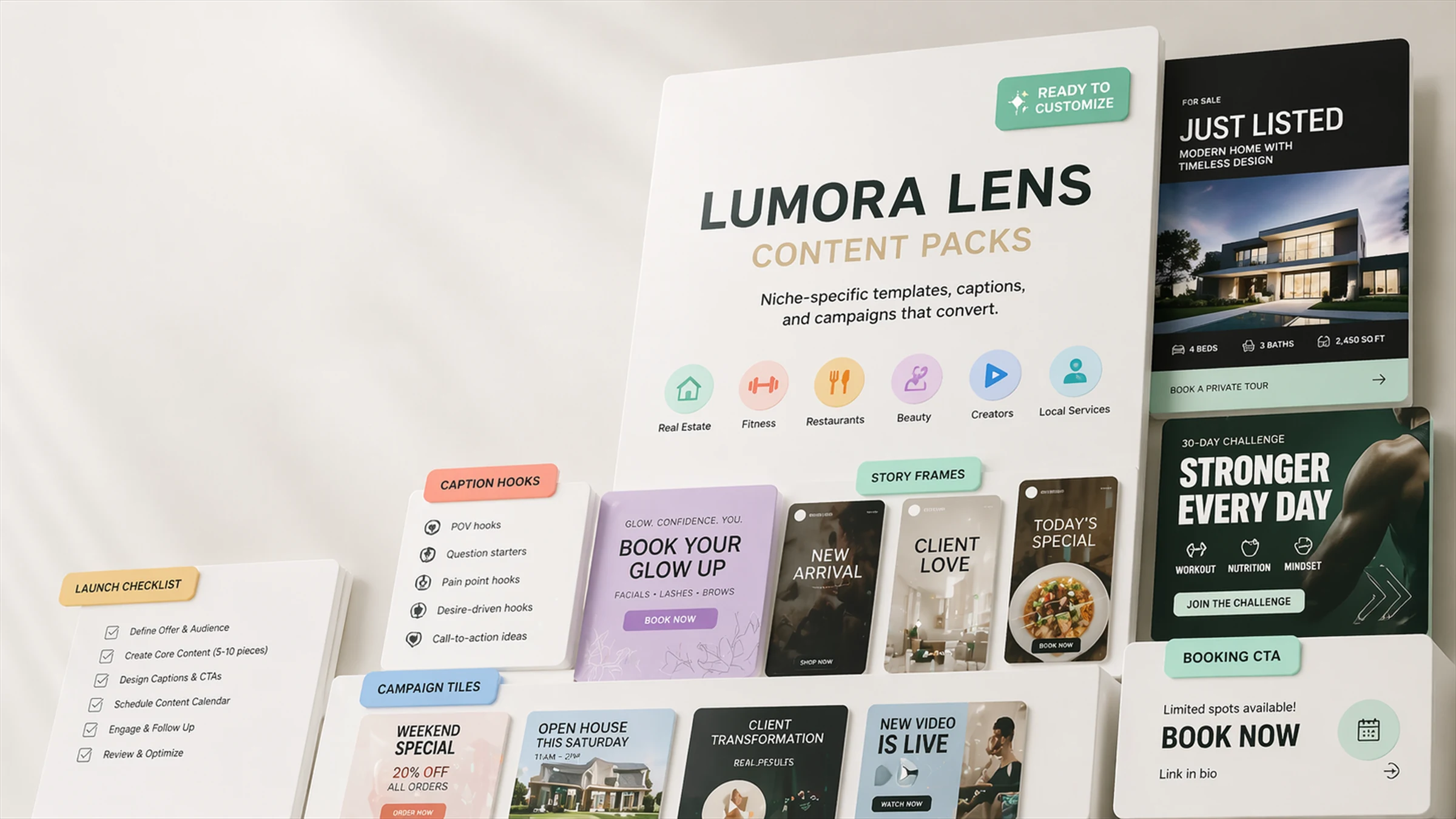 Lumora Lens content pack previews for real estate, fitness, restaurants, beauty, creators, and local services