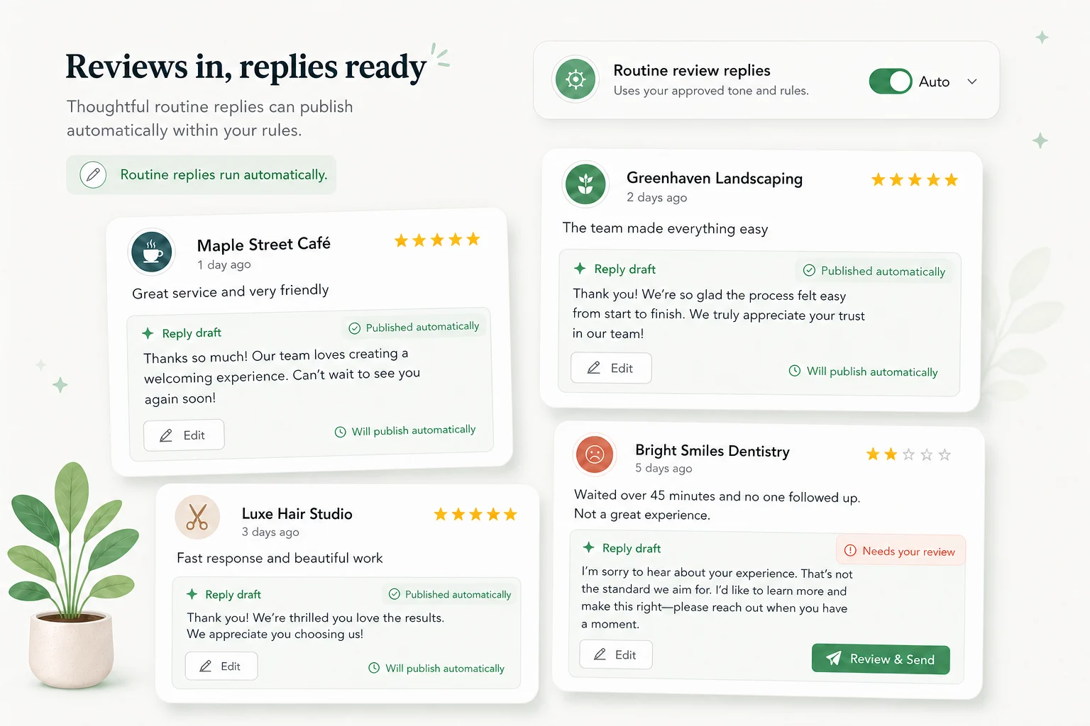 Example workspace showing routine Google review reply drafts prepared for approval while sensitive feedback waits for owner review