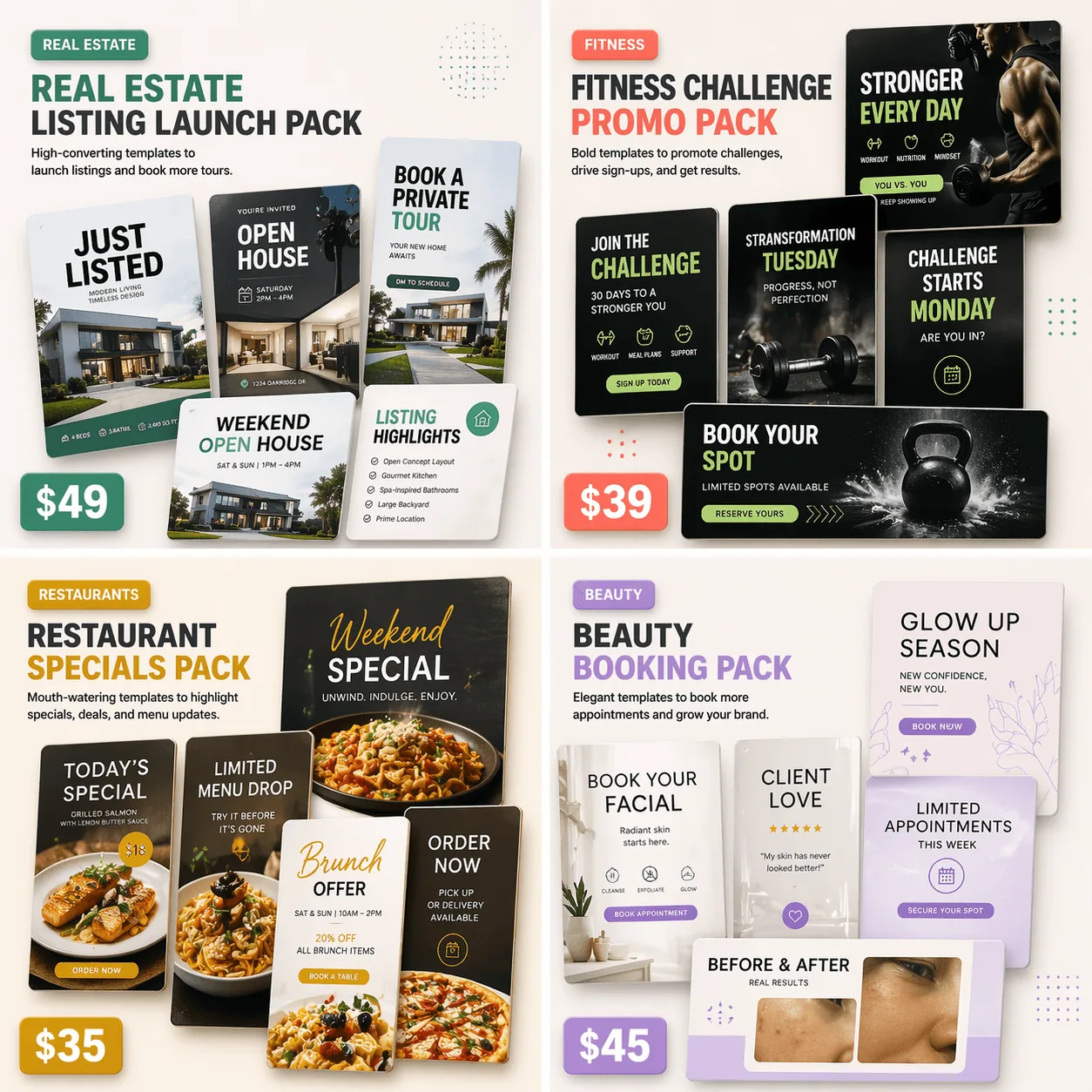 Social media content pack thumbnail grid