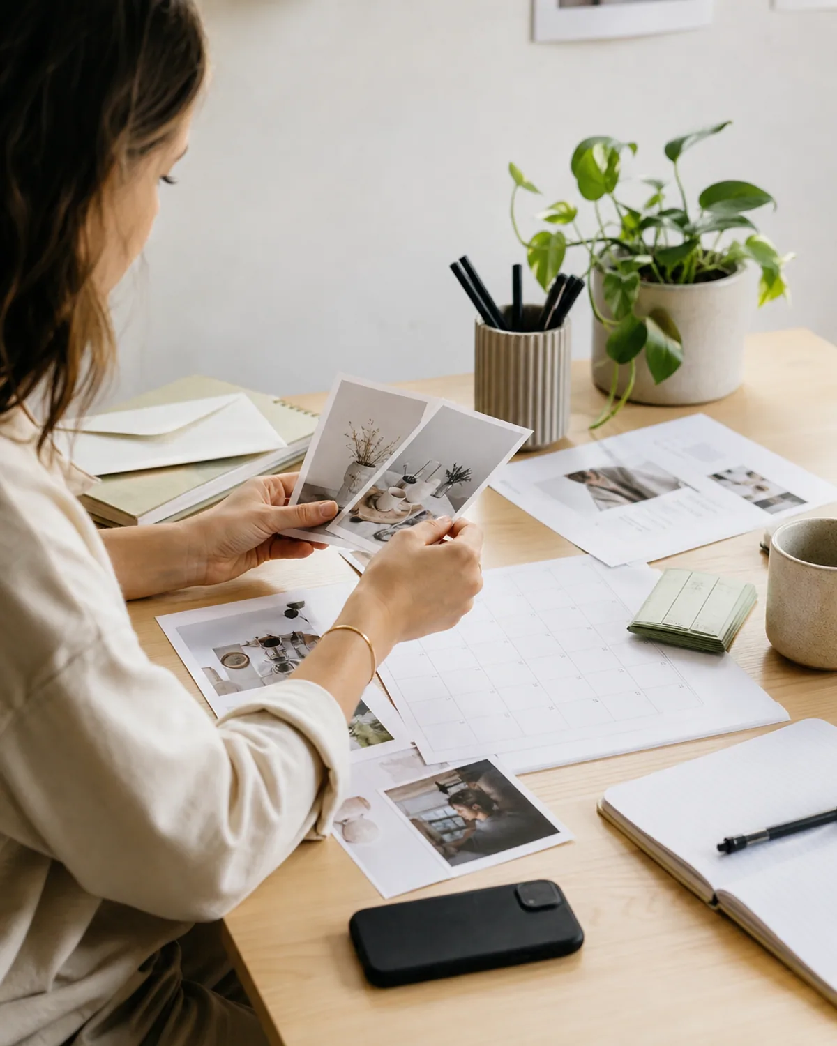 Small-business owner organizing photos and a monthly content plan at a desk