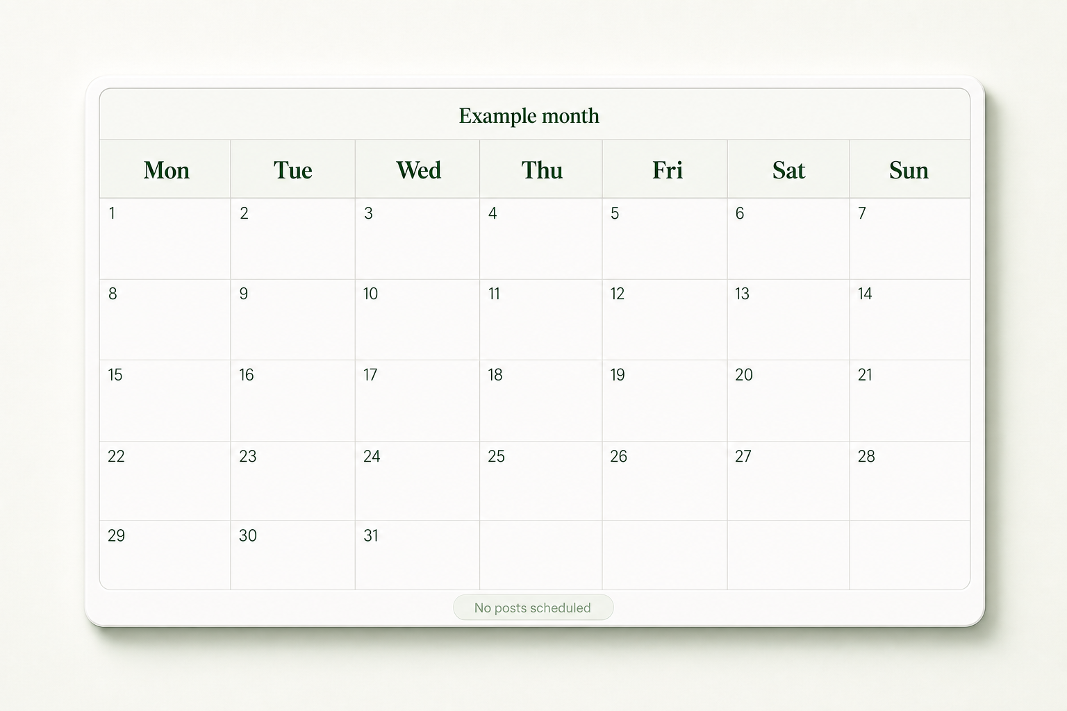 Illustrative empty monthly social content calendar before Lumora